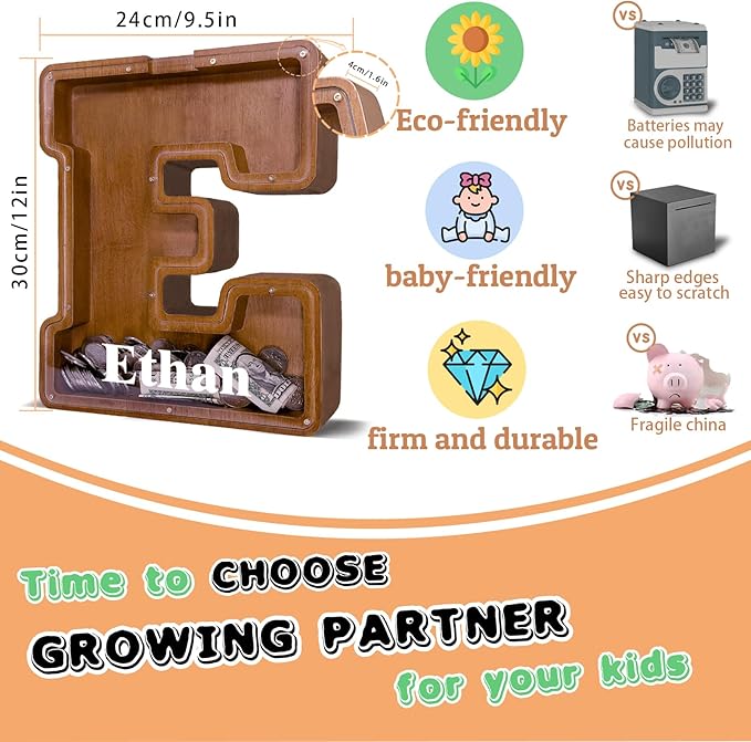 Wooden Letter Piggy Bank for Kids Larger Letter Piggy Bank for Boys and Girls Personalized Piggy Bank Initial Coin Bank Wood Kids Money Bank for Birthday and Festival