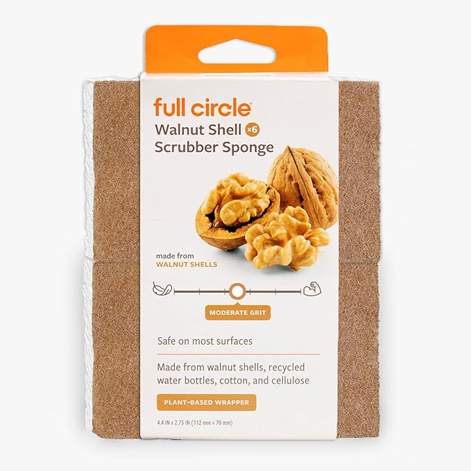 Full Circle Walnut and Cellulose Scrubber Sponges – Pack of 6 – Powerful