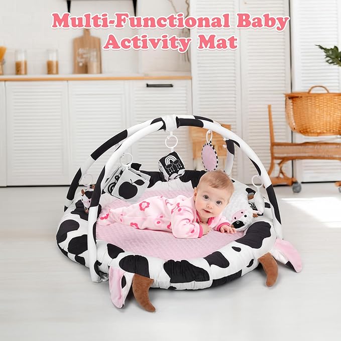 Pink Cow Baby Play Gym,Tummy Time Mat with 6 Sensory Toys, Extra Thick Soft Baby Play Mat for Floor, Newborn Essentials Christmas Gift 0-3-6-9-12 Months