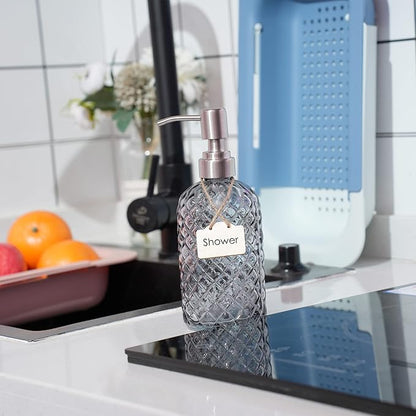 16 oz Diamond Pattern Glass Soap Dispenser, Kitchen and Bathroom Refillable