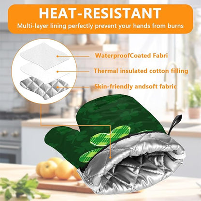 Green Clover Oven Mitts and Pot Holders Sets 4Pcs, Extra Long Oven Gloves