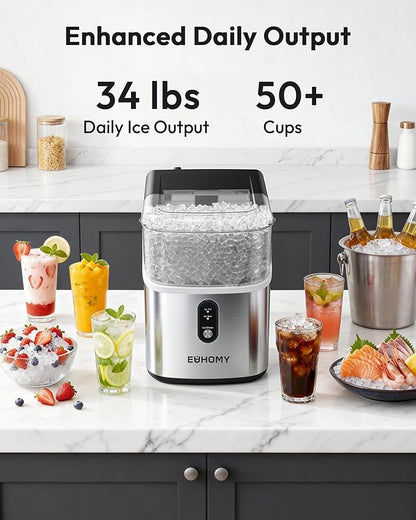 EUHOMY Nugget Ice Maker Countertop, Ready in 7 Mins, 34Lbs/24H Pebble Ice Maker