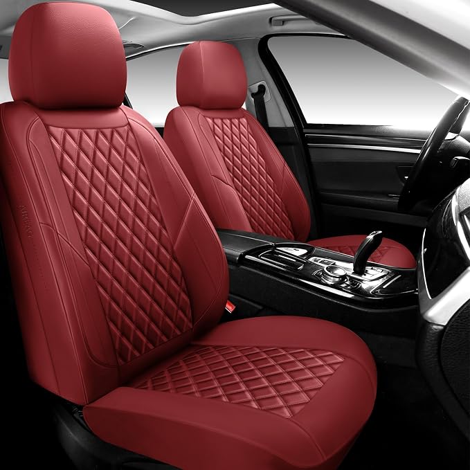 Premium Leather Car Seat Covers Front Pair,Universal Fit for Cars,Trucks&SUVs,Waterproof Car Seat Cushion,Full Coverage Car Seat Protector with 2 Seats,Wine Red