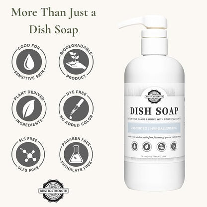 Rustic Strength Natural Dish Soap, Unscented, 16 oz | High-Lathering, Concentrated, Biodegradable Plant-Based Formula,Cuts Grease,
