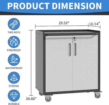 Metal Storage Cabinet with Wheels, Rolling Tool Cabinet with Doors and Shelves