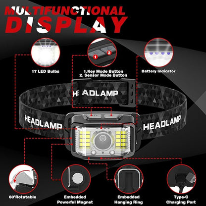Headlamp Rechargeable,2 Pack 2000 Lumen Super Bright Led Headlamp,16 Modes Motion Sensor Head Lamp,Ipx6 Waterproof Lightweight Headlight,White Red Flashlight For Fishing Camping Hunting Essentials