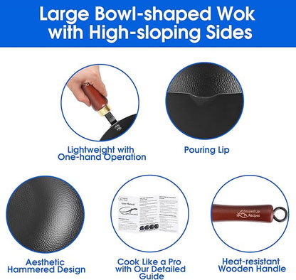 10 Inch Carbon Steel Wok For Electric, Induction and Gas Stoves (Lid and User Guide Video Included)