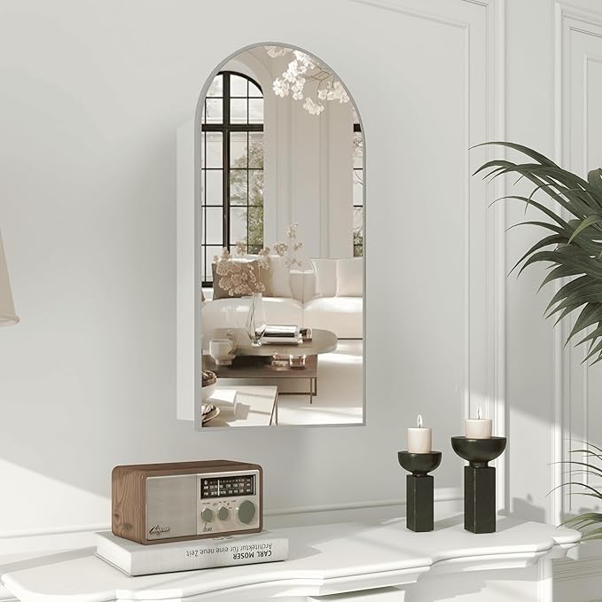 Silver Medicine Cabinet with Arched Mirror, Left or Right Opening, Mirrored