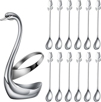 Silver Small Coffee Spoon Holder Set, Swan Base