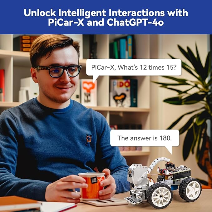 SunFounder PiCar-X AI Video Robot Car Kit with Raspberry Pi Zero 2 W+32G TF Card, ChatGPT-4o Enabled with Video Recognition, Python, Scratch, Camera, Mic, Rechargeable Batterry