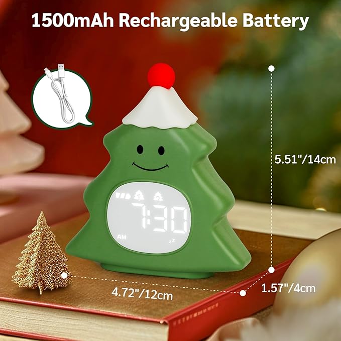 Yiliaw Kids Alarm Clock with Night Light, Christmas Tree Wake Up Clock, Rechargeable Cute Alarm Clock for Bedroom, for Boys and Girls, Green