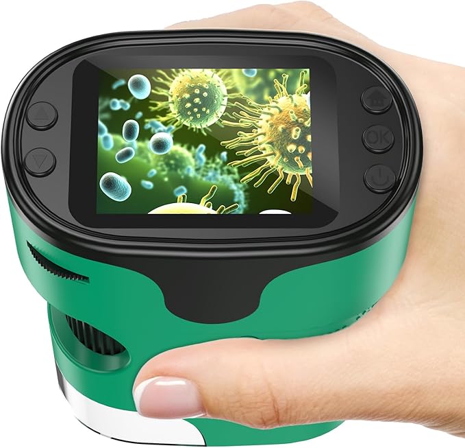 1000X Handheld Microscope for Kids 4K 2.0" Screen Rechargeable Mini Pocket Digital Microscopes w/Slides Kit Portable Edu Gift Age 4-6 8-12 Children Students (Green)