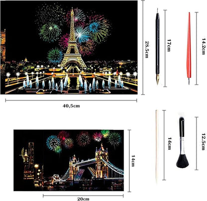 Georgie Porgy Scratch Paper Art A3 Set DIY Arts and Crafts Kits for Kids Adults, Magic Rainbow Scratch Postcard for Christmas Birthday Gift with Scratching Tools Kit (Paris + Louvre)