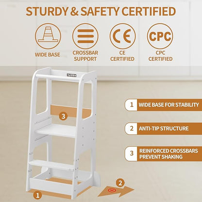 Toddler Kitchen Helper Tower for Ages 1–6 – 3-Level Adjustable Learning Tower with Safety Design, Toddler Standing Tower & Kitchen Helper Stool, CPC Certified, White