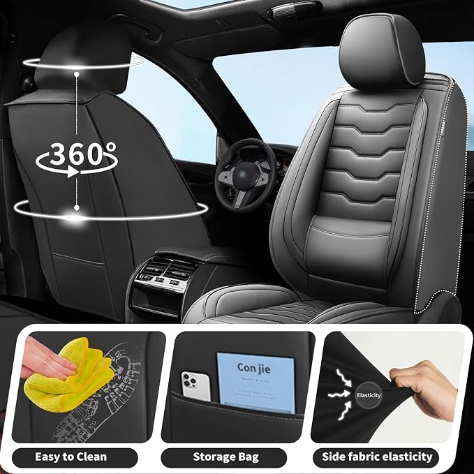 Fit Wrangler 4-Door Car Seat Covers for Jeep Wrangler 2010-2025 2026 -Premium Leather, Waterproof，Breathable，All-Weather Seat Cushion Protecto & Airbag Compatible, 2 Front Seat Black