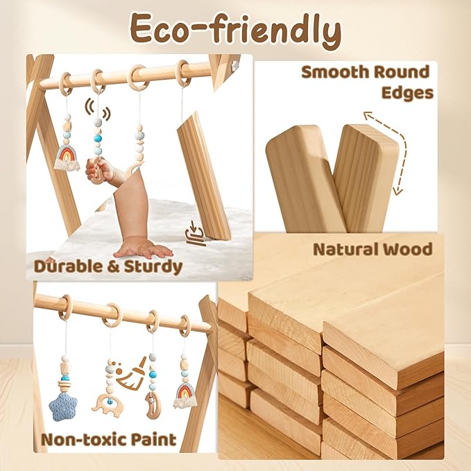 Wooden Baby Play Gym with Activity Mat, Foldable Baby Gym Frame with Hanging Sensory Toys for Newborn Baby