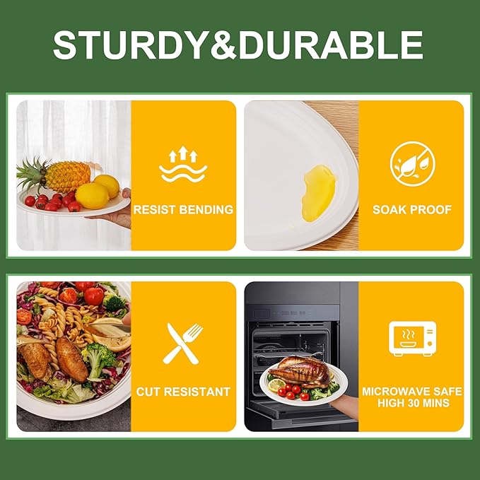 100% Compostable Oval Paper Plates 12 Inch, 125-Pack Large Heavy Duty Paper Plates Bulk,Biodegradable Bagasse,Eco-Friendly Disposable Dinner Plate for BBQ,Picnic,Party (BPI Certified,Microwaveable)