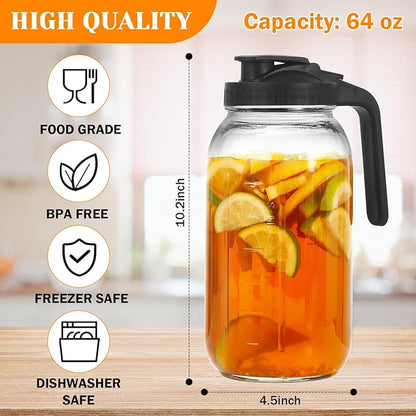 2 Pack Glass Pitchers with Lid, 64 oz Sun Tea Pitcher, Half Gallon Mason Jar