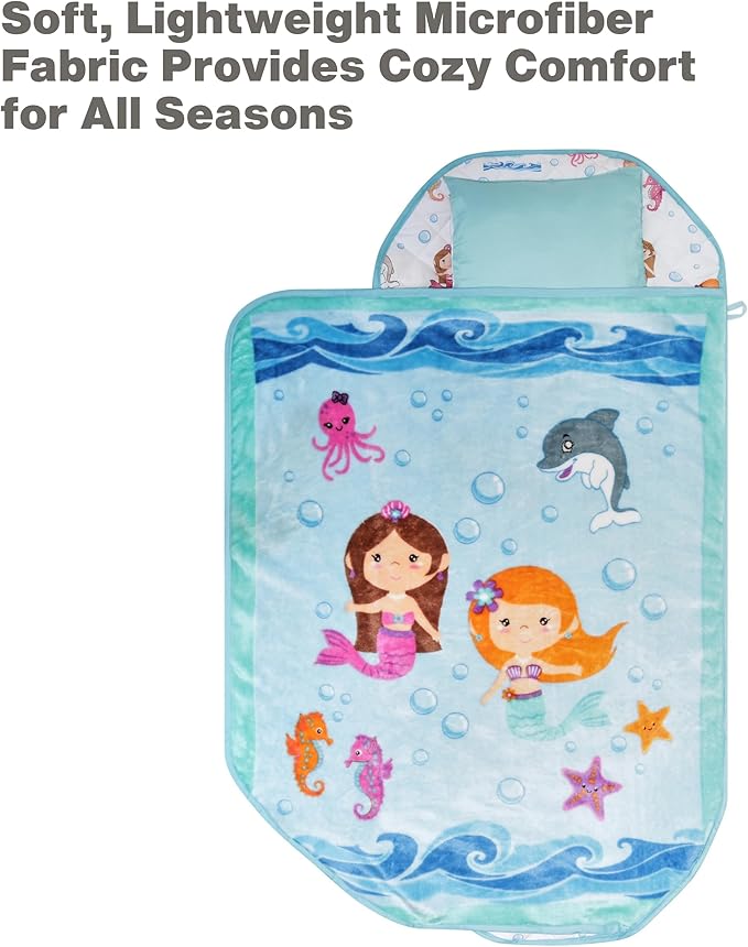 EVERYDAY KIDS Cute Preschooler and Toddler Cot Nap Mat for Home, Daycare, Preschool and Kindergarten; Easy to Roll Sleeping Mat with Elastic Straps, Pillow and Blanket
