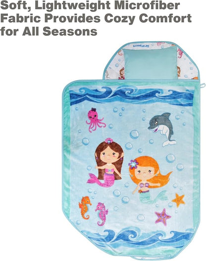 EVERYDAY KIDS Cute Preschooler and Toddler Cot Nap Mat for Home, Daycare, Preschool and Kindergarten; Easy to Roll Sleeping Mat with Elastic Straps, Pillow and Blanket