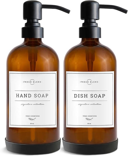 Vine Creations Amber Glass Soap Dispenser, 2 Pack Kitchen Soap Dispenser Set