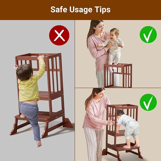 COSYLAND Toddler Step Stool Height Adjustable – Portable Kids Kitchen Stool Helper with Stabilizing Base Block – Toddler Standing Tower for Bathroom Living Room Dining Room (Brown)