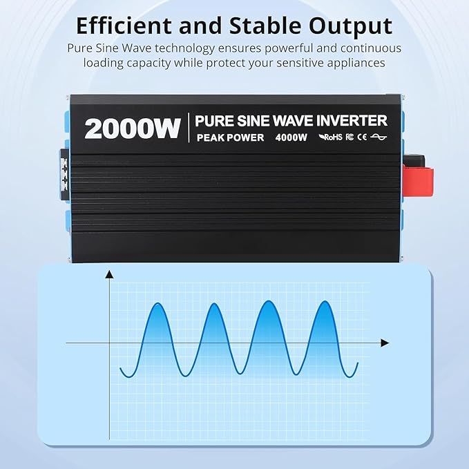 2000W Pure Sine Wave Inverter, 1 USB Port 5v/2.1a, LCD Display&Remote Controller