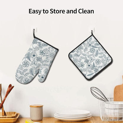 Blue Floral Oven Mitts Set – Vintage Pot Holders Kitchen Gloves