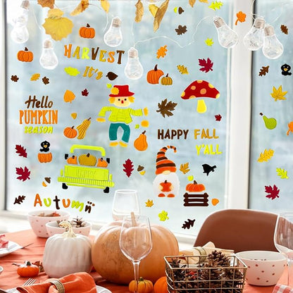 6 Sheet Fall Window Clings Gel, Happy Thanksgiving Autumn Harvest Pumpkins Truck, Fall Leaf, School Home Supplies