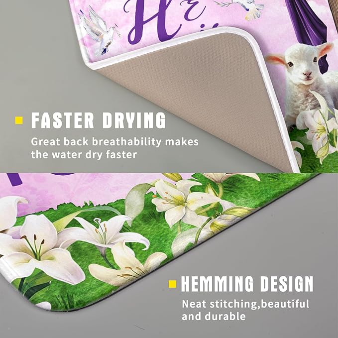 Giwawa Easter Purple Dish Drying Mat, He is Risen Cross Lamb Floral Dish