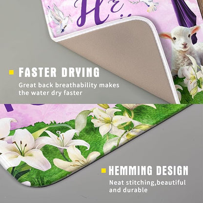 Giwawa Easter Purple Dish Drying Mat, He is Risen Cross Lamb Floral Dish