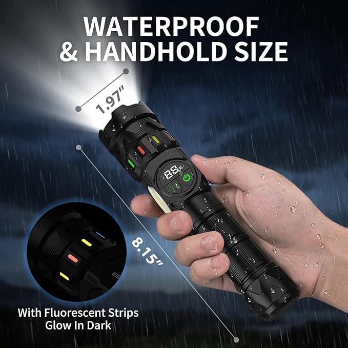 ESGOFO Rechargeable Flashlights High Lumens 10000 Long Distance, Super Bright LED Flash Light Long Lasting USB C LCD Display, Double Light Source & Buttons with Red Light, for Camping Hiking Emergency