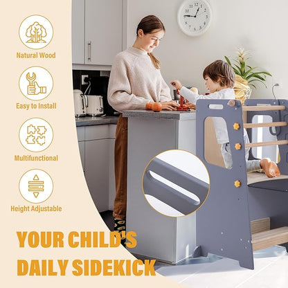 Toddler Standing Tower, Kitchen Stool Helper with Whiteboard, Adjustable Height Kids Toddler Step Stool with Anti-Slip Protection, Kids Step Stool with Safety Feet for Kitchen Bathroom