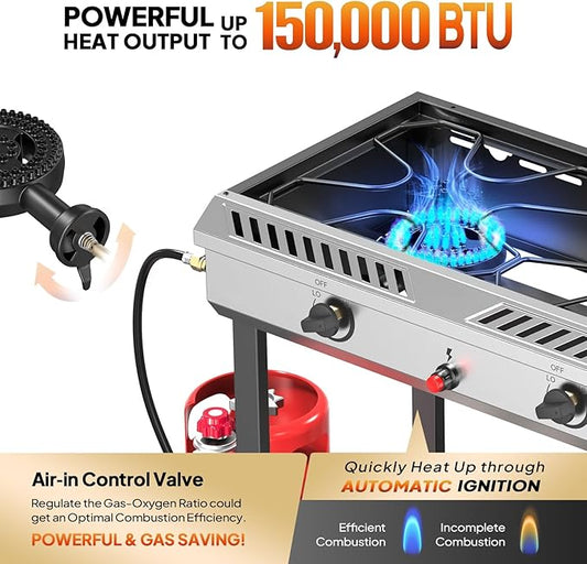 Bonnlo 2 Burner Propane Gas Stove with Auto Ignition, 150,000 BTU Portable Outdoor Camp Cooker Stove with Convenient Shelf & Smooth Rolling Wheels for Backyard, Camping, Tailgating, Patio Parties