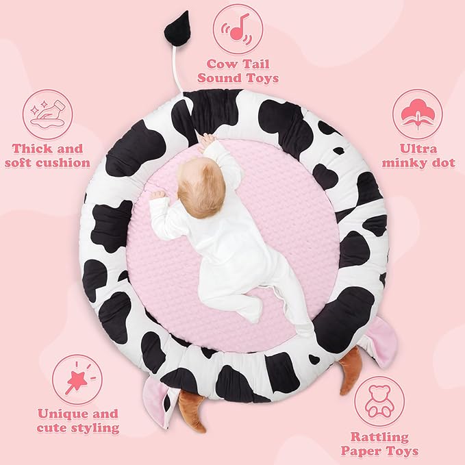 Pink Cow Baby Play Gym,Tummy Time Mat with 6 Sensory Toys, Extra Thick Soft Baby Play Mat for Floor, Newborn Essentials Christmas Gift 0-3-6-9-12 Months