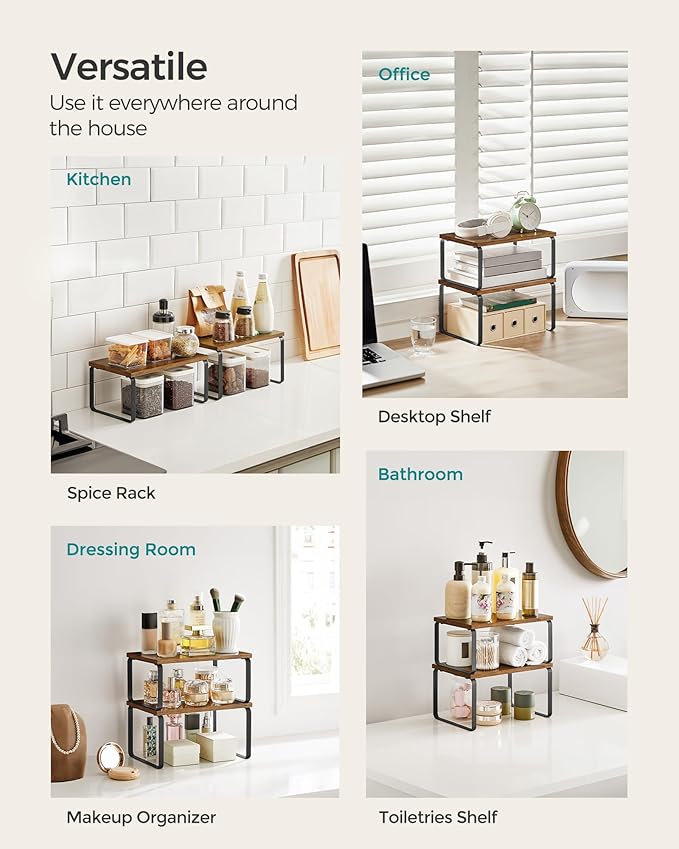 SONGMICS Cabinet Organizer Shelf, Set of 4 Kitchen Counter Shelves, Kitchen Storage, Spice Rack, Stackable, Expandable, Metal and Engineered Wood, Ink Black and Rustic Brown UKCS021X01