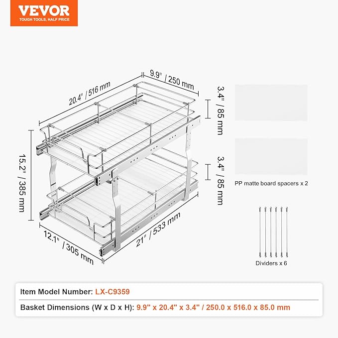 VEVOR Pull Out Cabinet Organizer, Chrome-Plated Steel Roll Out Drawers