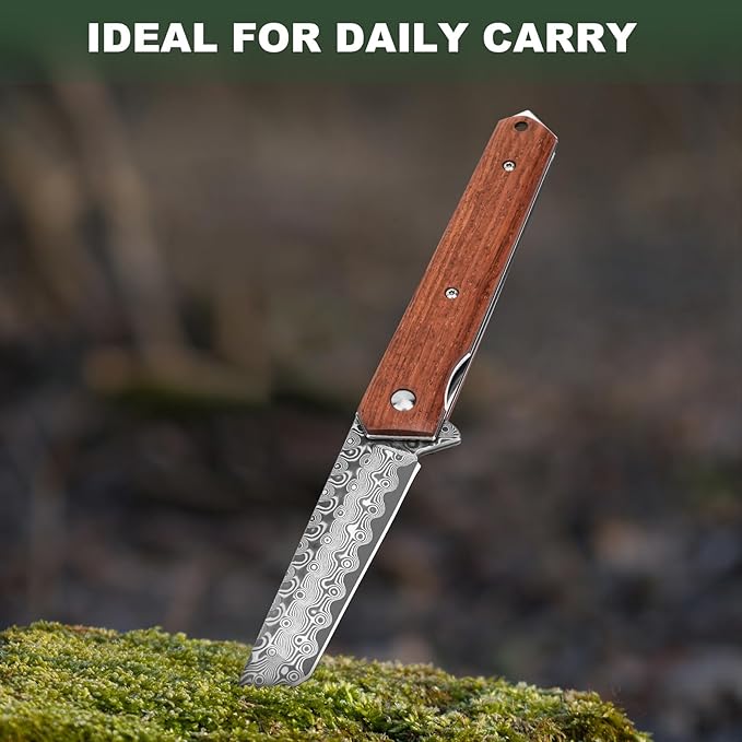 AUBEY Damascus Pocket Knife for Men, Sharp Tanto Blade with VG10 Core Folding Knives with Wooden Handle and Glass Breaker for EDC Camping Gift Collection