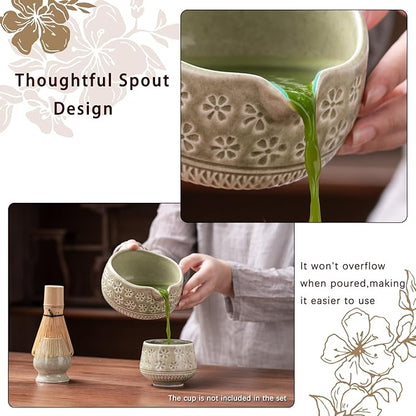 Matcha Whisk Set, Ceramic Matcha Kit Set Includes Matcha Bowl, Matcha Whisk and Holder, Bamboo Scoop, Scoop Rest, Sifter and Tea Towel - 7 Pcs Matcha Kit for Matcha Lovers (Mottled Green)