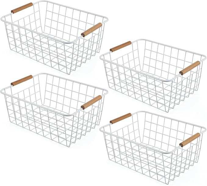 Wire Basket 4 Pcs Wire Storage Baskets Wire Baskets Organizing with Wooden Handles Wire Basket Pantry Organization and Storage Metal Wire Food Storage Basket for Kitchen, Cabinets (White 4PCS)