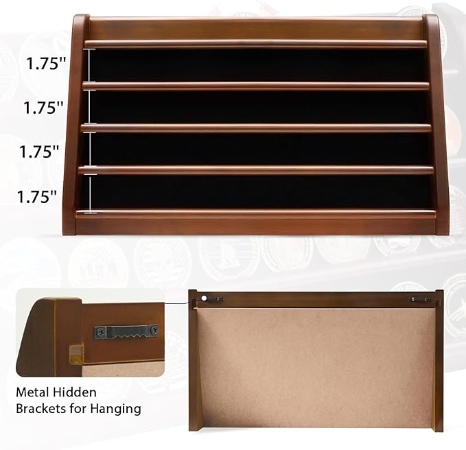 5 Rows Challenge Coin Holder Display Stand Holds 50 Coins for Wall Mount or Tabletop, Solid Wood Military Coin Rack Display Case for Collectibles, Walnut