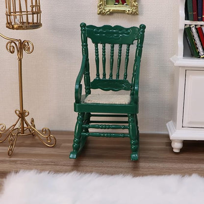 Dollhouse Miniature Rocking Chair 1:12 Scale Wooden Furniture Accessories Tiny Mini House Home Outdoor Cake Topper Decoration Model Living Room Scene Christmas Craft Displays (Green)