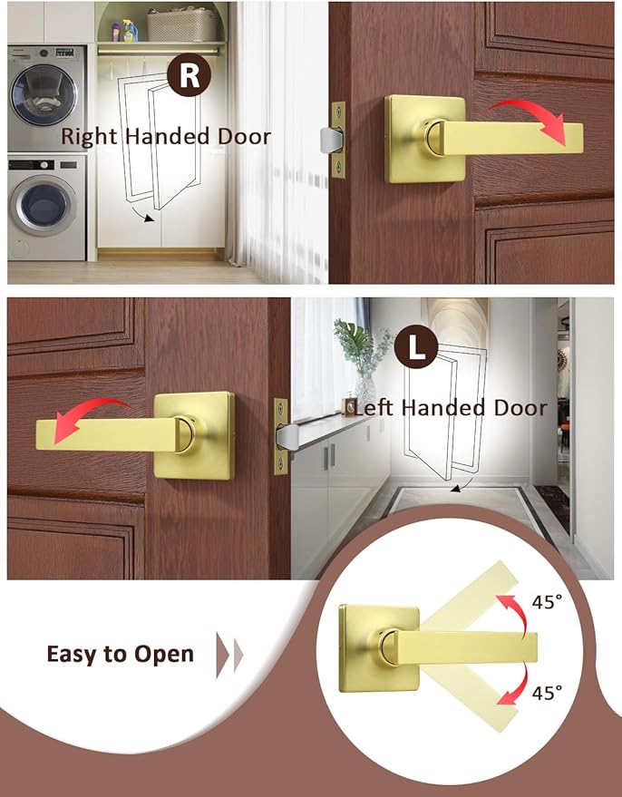 Mengico 4 Pack Passage Door Levers Gold Finish, No-Locking Keyless Square Door