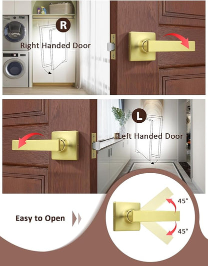 Mengico 4 Pack Passage Door Levers Gold Finish, No-Locking Keyless Square Door
