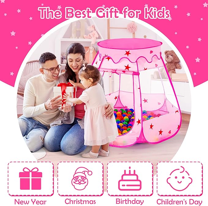 Baby Ball Pit for Toddler with 150 Balls, Kids Pop Up Play Tent for Girls, Princess Toys for Children Indoor & Outdoor Playhouse with Carry Bag (Pink: 7 Bright Colors, 109x90cm/150 Balls)