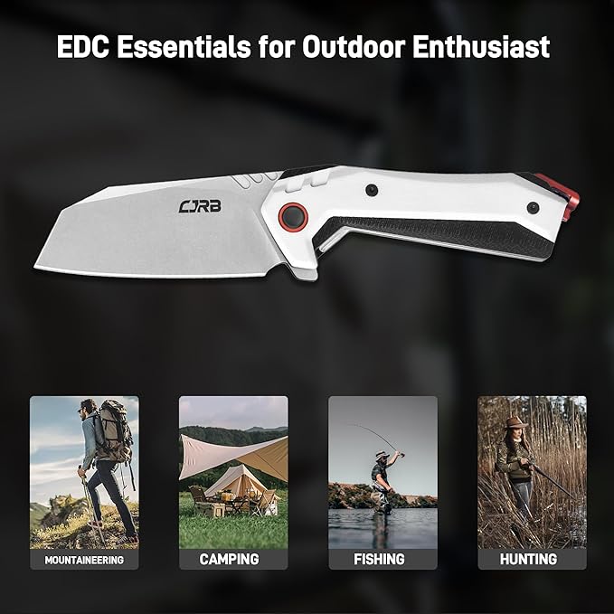 CJRB Tigris Pocket Knife, Folding Knife with AR-RPM9 Powder Steel Stonewash Blade Black & White G10 Handle for EDC Camping Hunting (J1919)