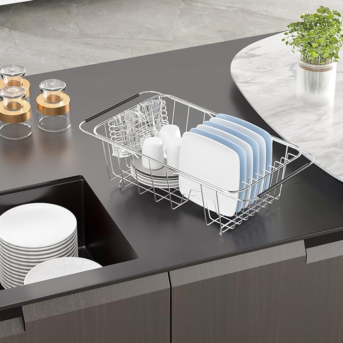 JAQ Over Sink Dish Drying Rack for Small Sink, Compact Expandable 14.25"–22.44"