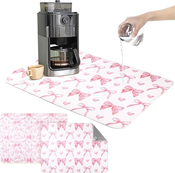 SiliFine 2 Pcs Large Coquette Pink Bow Dish Drying Mat Large
