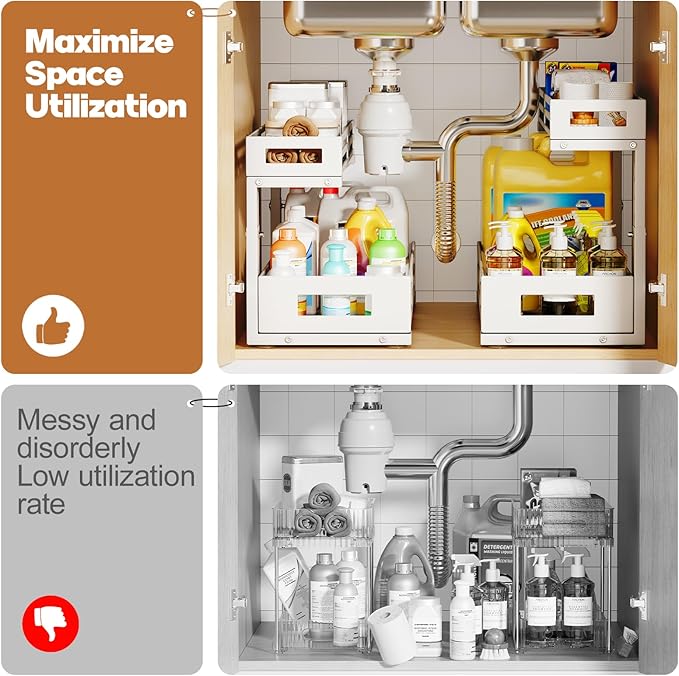 2-Pack 19"Deep Under Sink Organizer And Storage, 2-Tier L-Shaped Pull Out