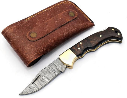 6.5" Handmade Damascus Steel Folding Hunting Knives For Men, Pocket Knife For Camping, Survival, Skinning And Outdoor Activities With Leather Sheath. (Rosewood)